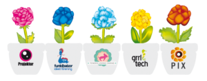 Illustration över SIPs organisationer. Fem blomkrukor med varsin blomma. Varje kruka representerar en organisation.