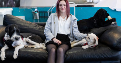 Hanna sitter i en soffa med två hundar