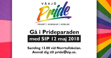 Bild med Pride Växjös logga och text Gå i Prideparaden med SIP 12 maj 2018