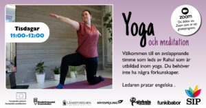 Bild på Sara som gör yoga framför datorn