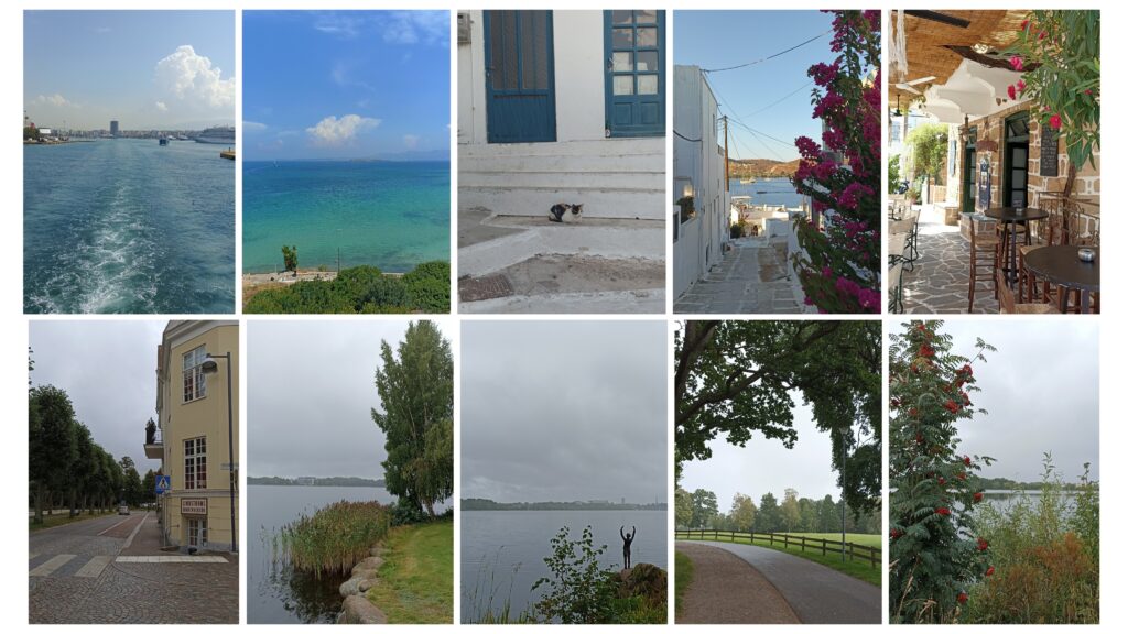 First row: pictures of Greece (the port of Pireaus, the sea of Agkistri, cats of the island and narrow straits)
Second row: pictures of Sweden (the streets of Växjö, many pictures of the lakes)